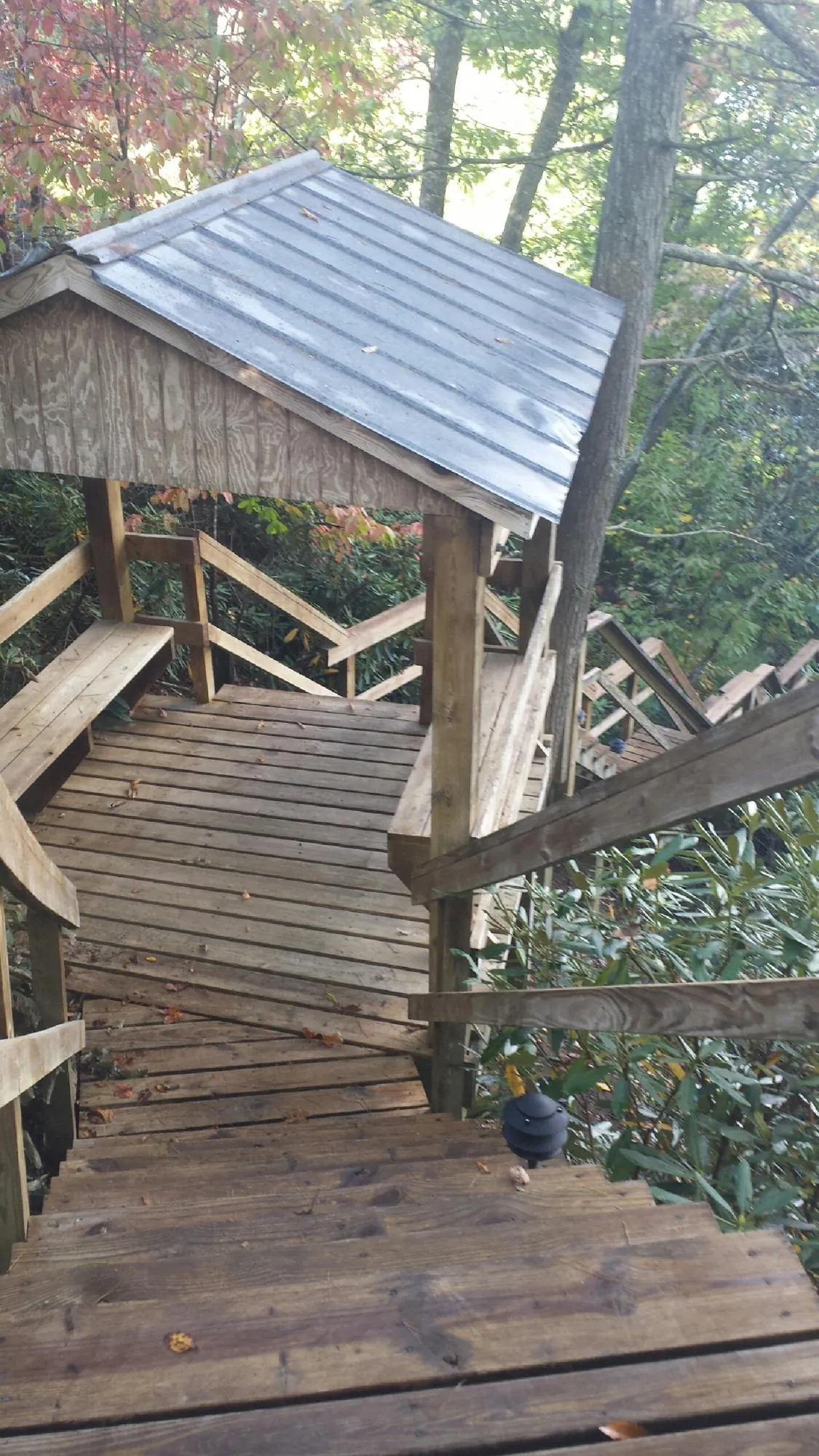 Metal roofed shelter over wooden steps on a wooded walkway — Skylight Repair & Installation work by our crew in Morgan